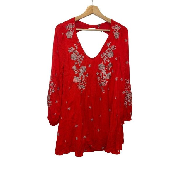 Free People Sweet Tennessee Red Embroidered Bohemian V-Neck Mini Dress Small - Picture 2 of 9